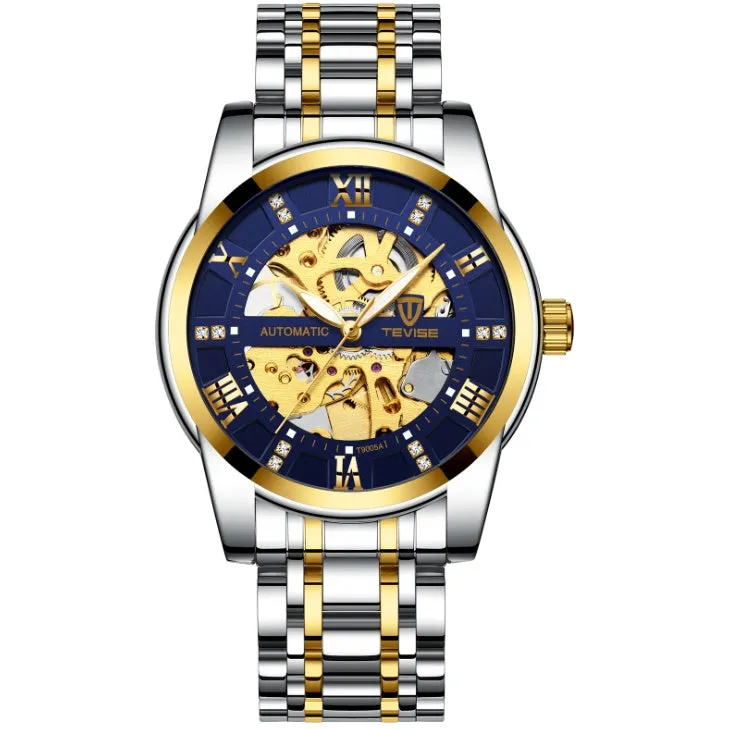 TEVISE T9005A men's automatic mechanical watch with skeleton dial, stainless steel strap, and 41mm round case