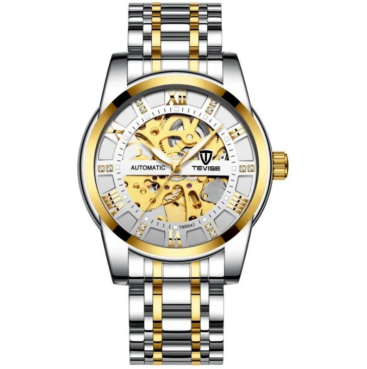 TEVISE T9005A men's automatic mechanical watch with skeleton dial, stainless steel strap, and 41mm round case