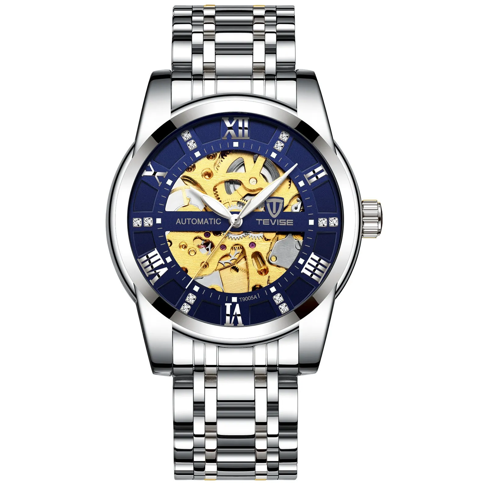 TEVISE T9005A men's automatic mechanical watch with skeleton dial, stainless steel strap, and 41mm round case