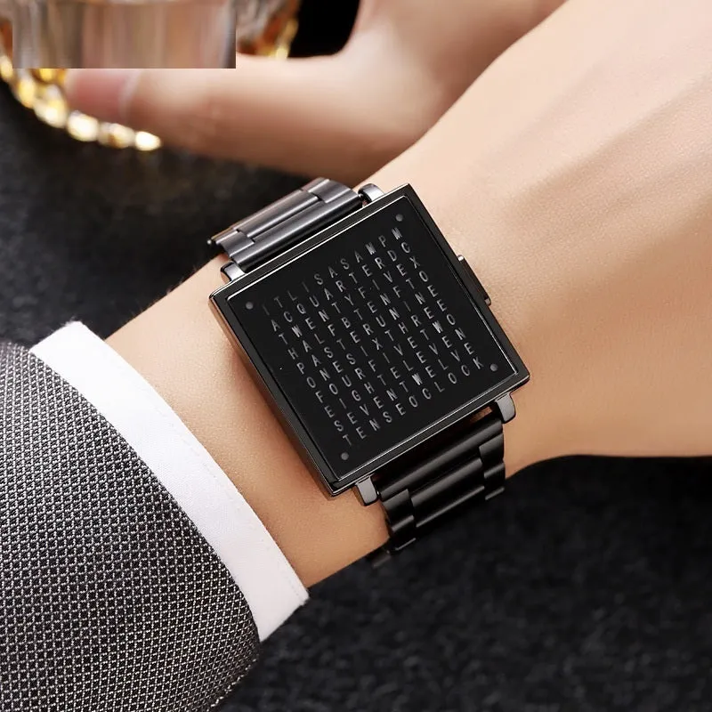 Fashion military digital wristwatch for men women with waterproof LED light and steel belt, black belt option shown