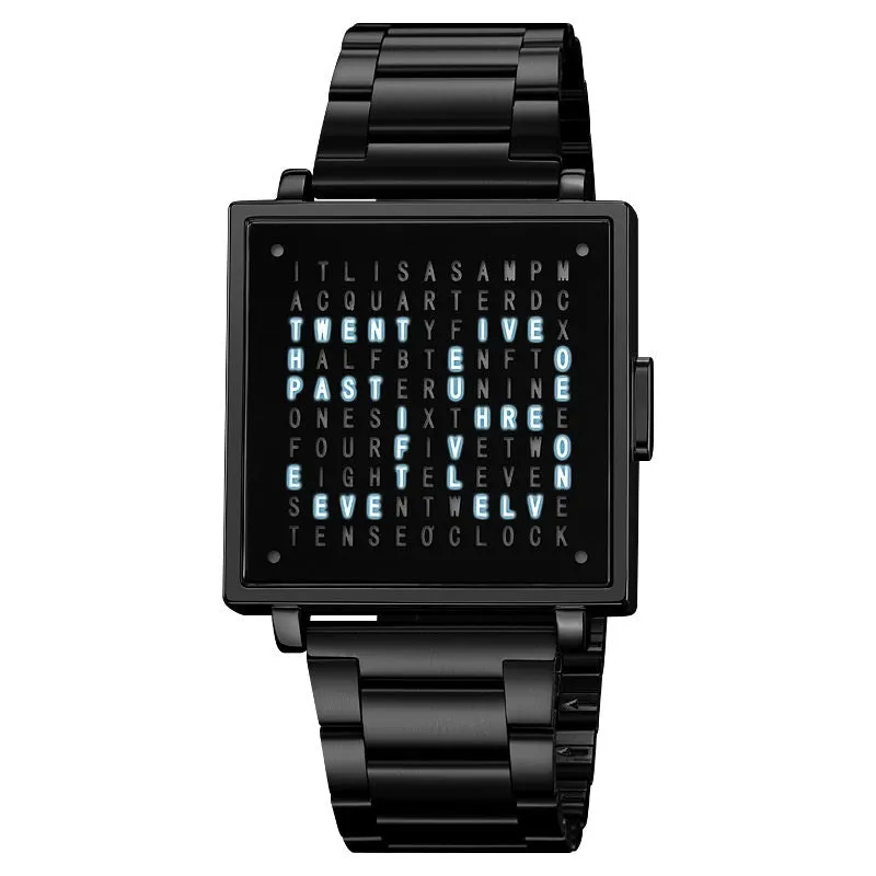 Fashion military digital wristwatch for men women with waterproof LED light and steel belt, black belt option shown