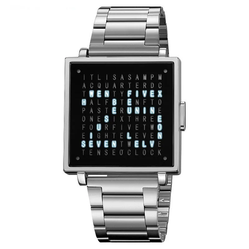 Fashion military digital wristwatch for men women with waterproof LED light and steel belt, black belt option shown
