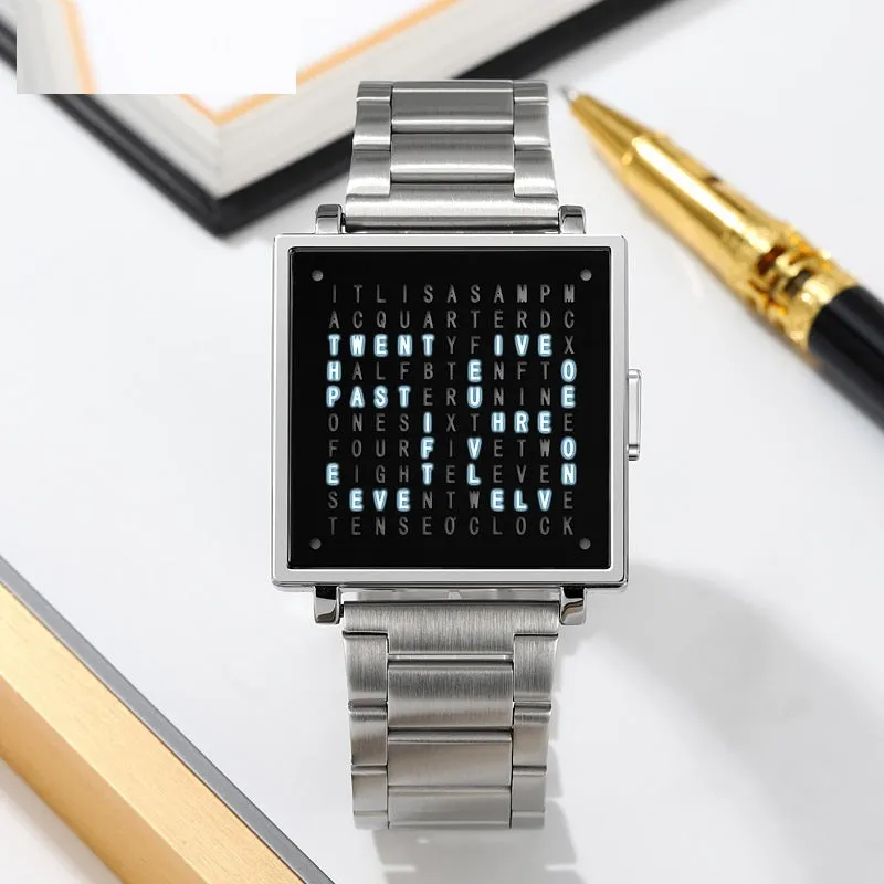 Fashion military digital wristwatch for men women with waterproof LED light and steel belt, black belt option shown