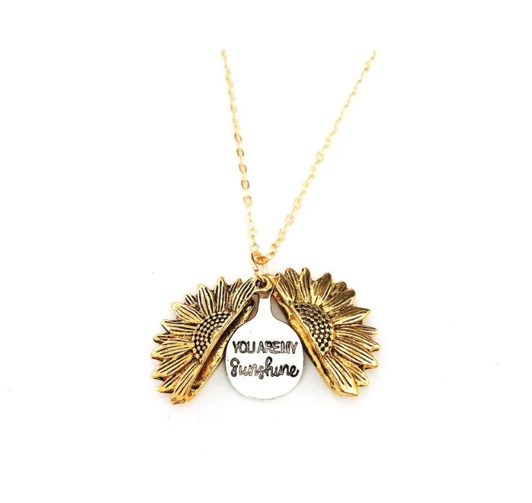 Sunflower double lettering necklace in ancient gold finish with 25mm square pendant on 45cm chain