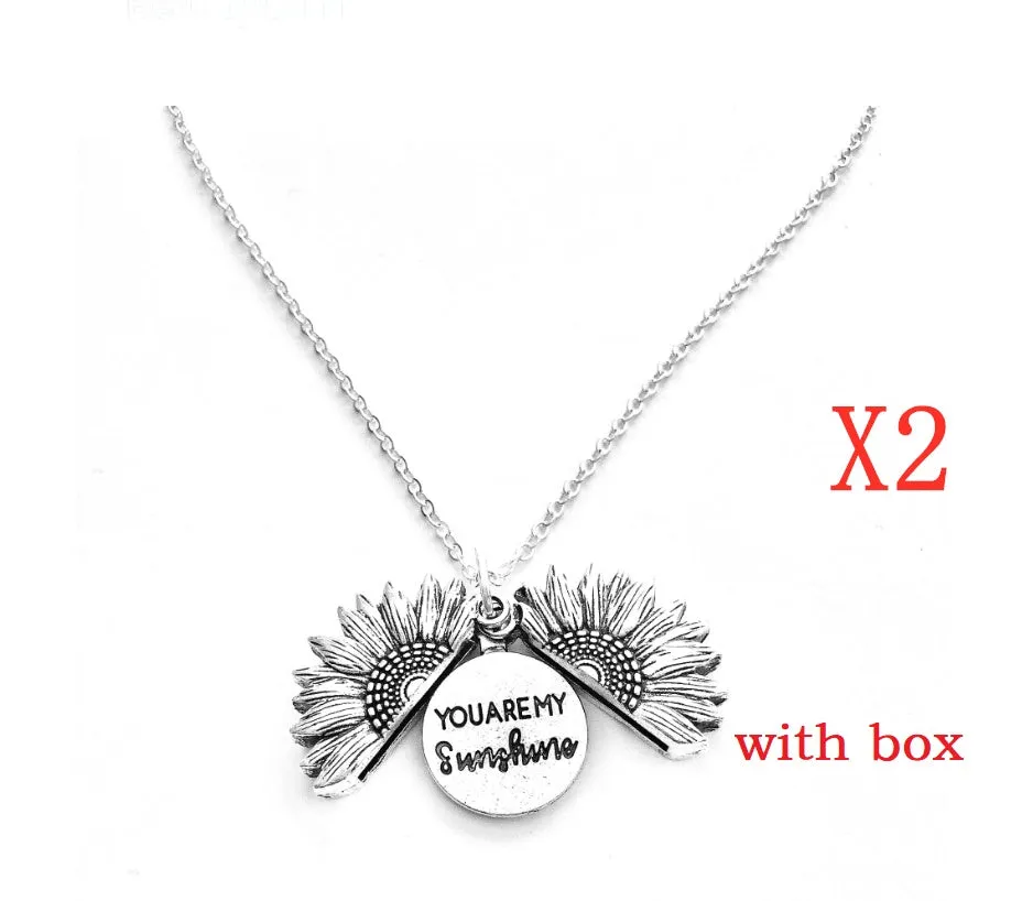 Sunflower double lettering necklace in ancient gold finish with 25mm square pendant on 45cm chain