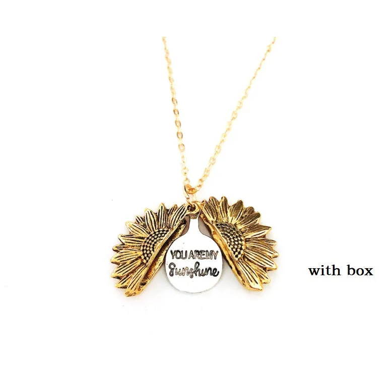Sunflower double lettering necklace in ancient gold finish with 25mm square pendant on 45cm chain