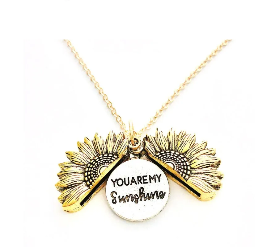 Sunflower double lettering necklace in ancient gold finish with 25mm square pendant on 45cm chain
