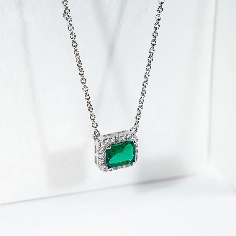925 sterling silver necklace with green quadrilateral pendant, cross chain style, platinum electroplated finish