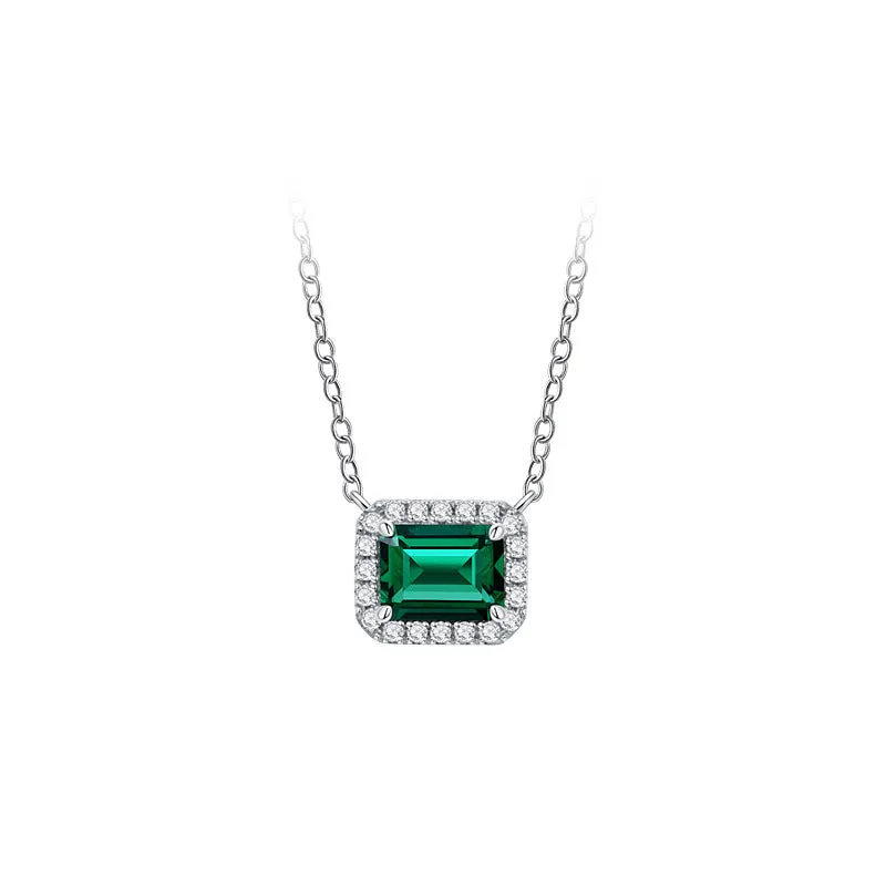 925 sterling silver necklace with green quadrilateral pendant, cross chain style, platinum electroplated finish