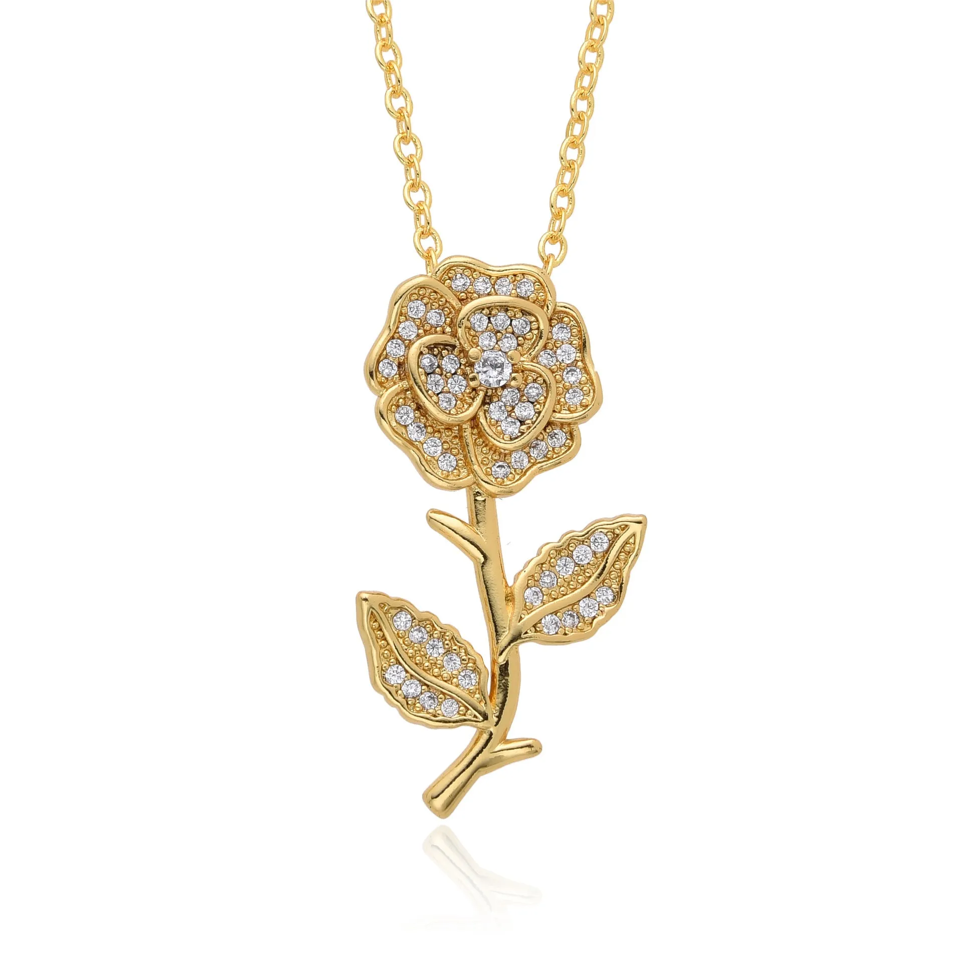 Geometric rose pendant necklace with micro inlay finish, O-ring chain, adjustable 41-50cm, women's fashion accessory
