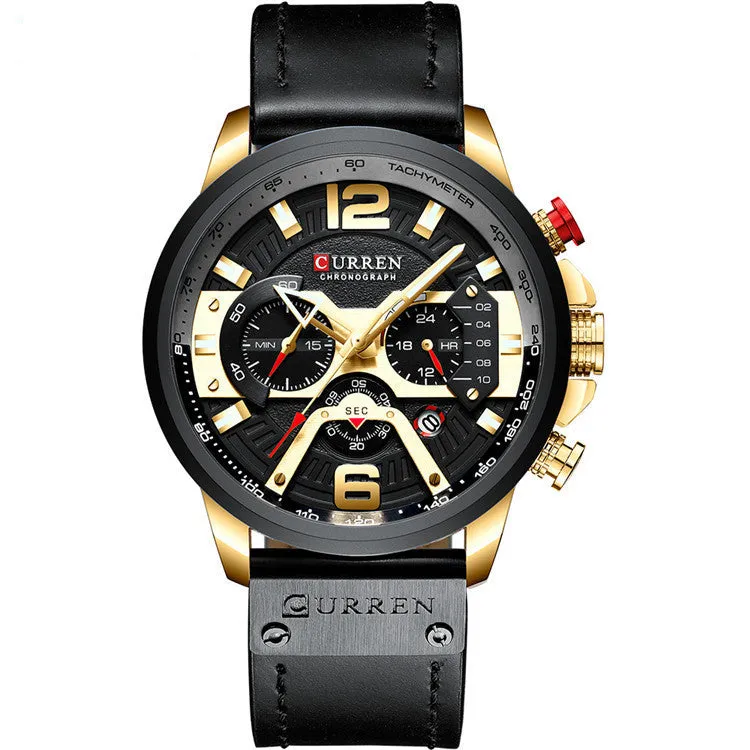 Men's sports watch with black face, black leather strap, alloy case, and 30M waterproof rating