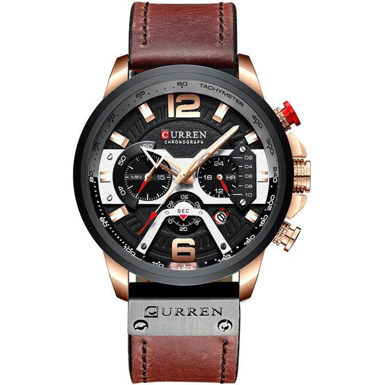 Men's sports watch with black face, black leather strap, alloy case, and 30M waterproof rating