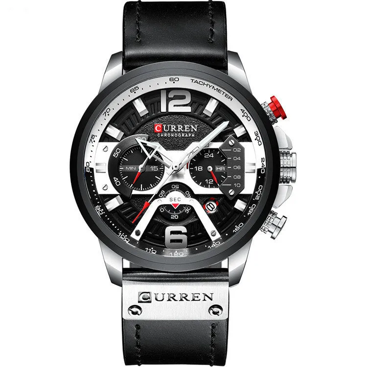 Men's sports watch with black face, black leather strap, alloy case, and 30M waterproof rating