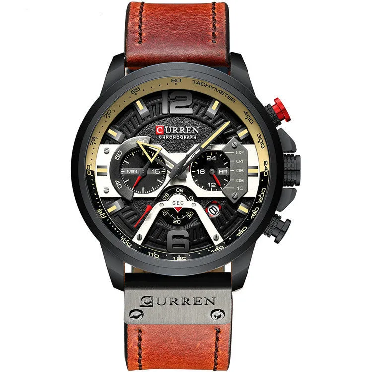 Men's sports watch with black face, black leather strap, alloy case, and 30M waterproof rating