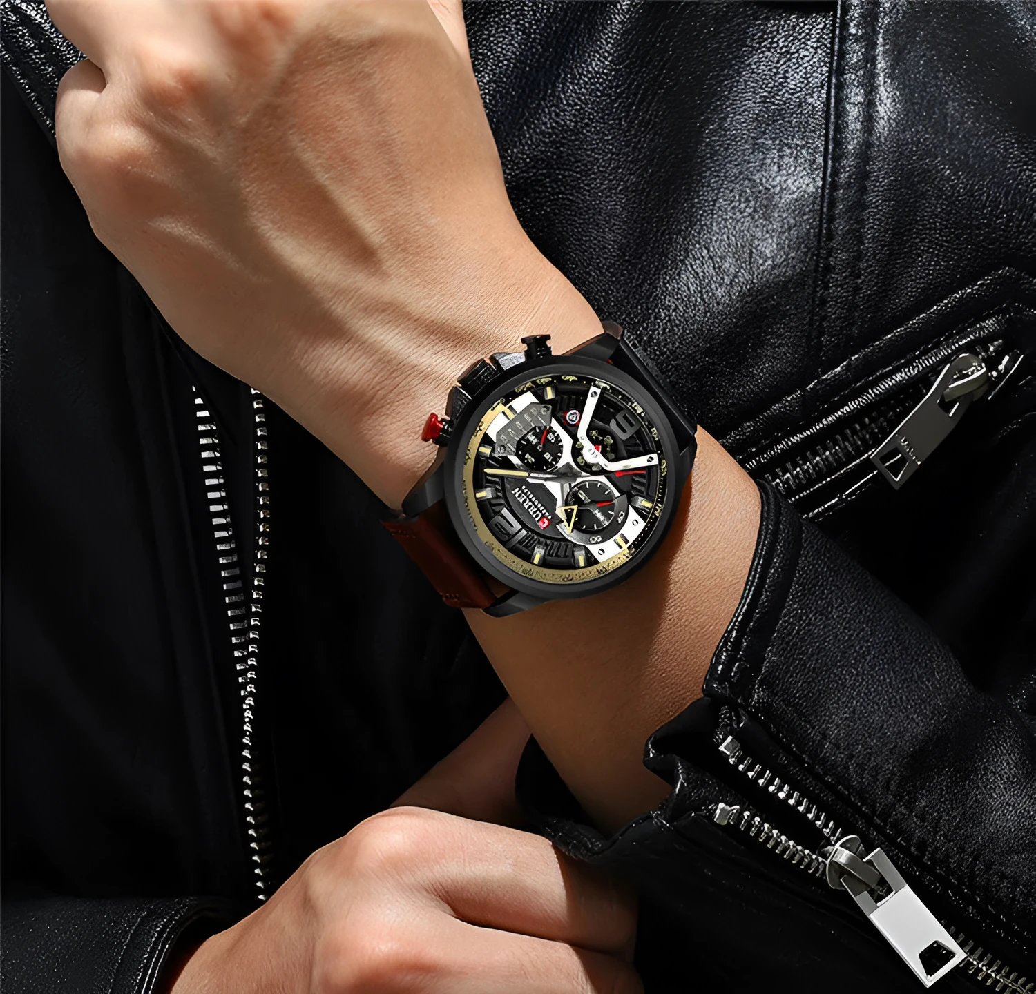 Men's sports watch with black face, black leather strap, alloy case, and 30M waterproof rating