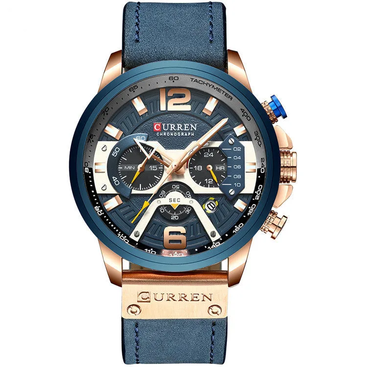 Men's sports watch with black face, black leather strap, alloy case, and 30M waterproof rating