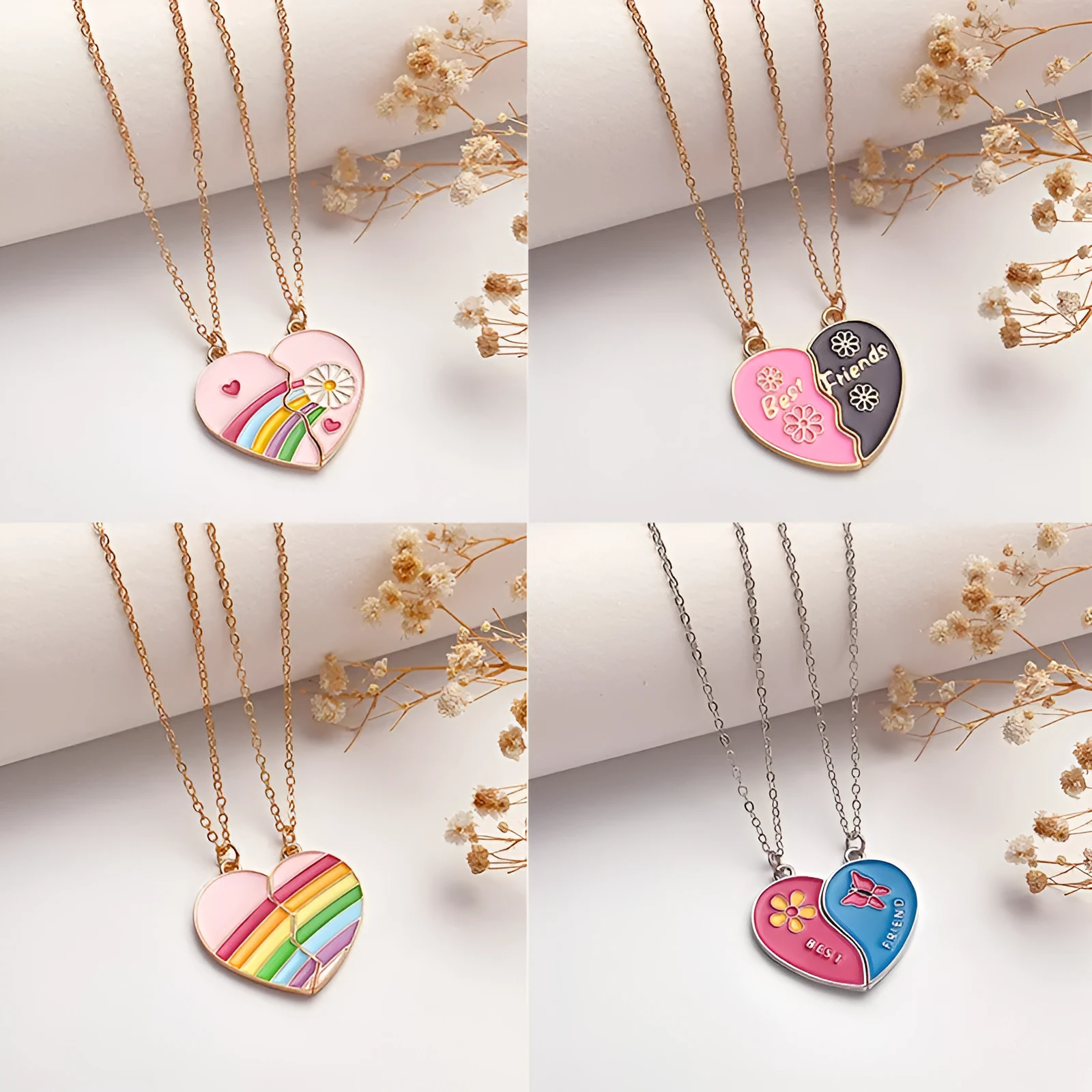 Women's alloy love rainbow necklace with regular chain, electroplated finish, love pendant, available in eleven colours