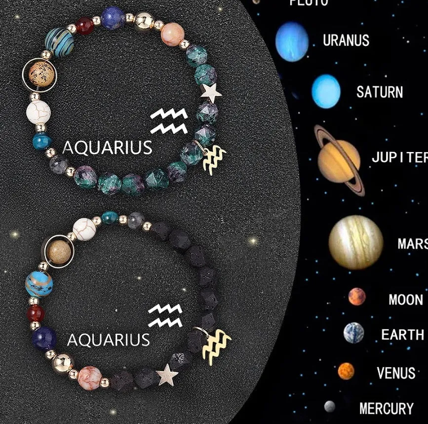 Two natural stone beaded bracelets with zodiac sign charms on a textured background.