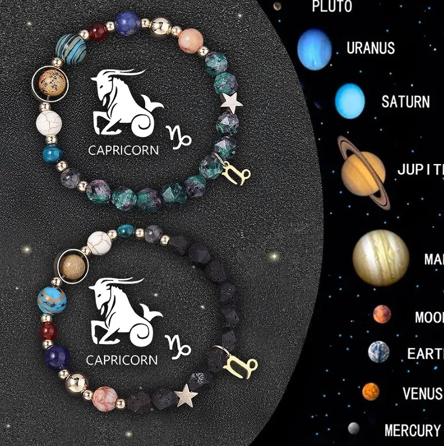 Two natural stone beaded bracelets with zodiac sign charms on a textured background.