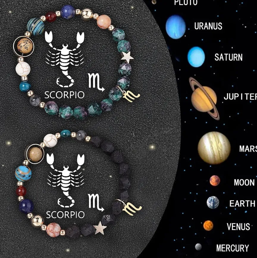 Two natural stone beaded bracelets with zodiac sign charms on a textured background.