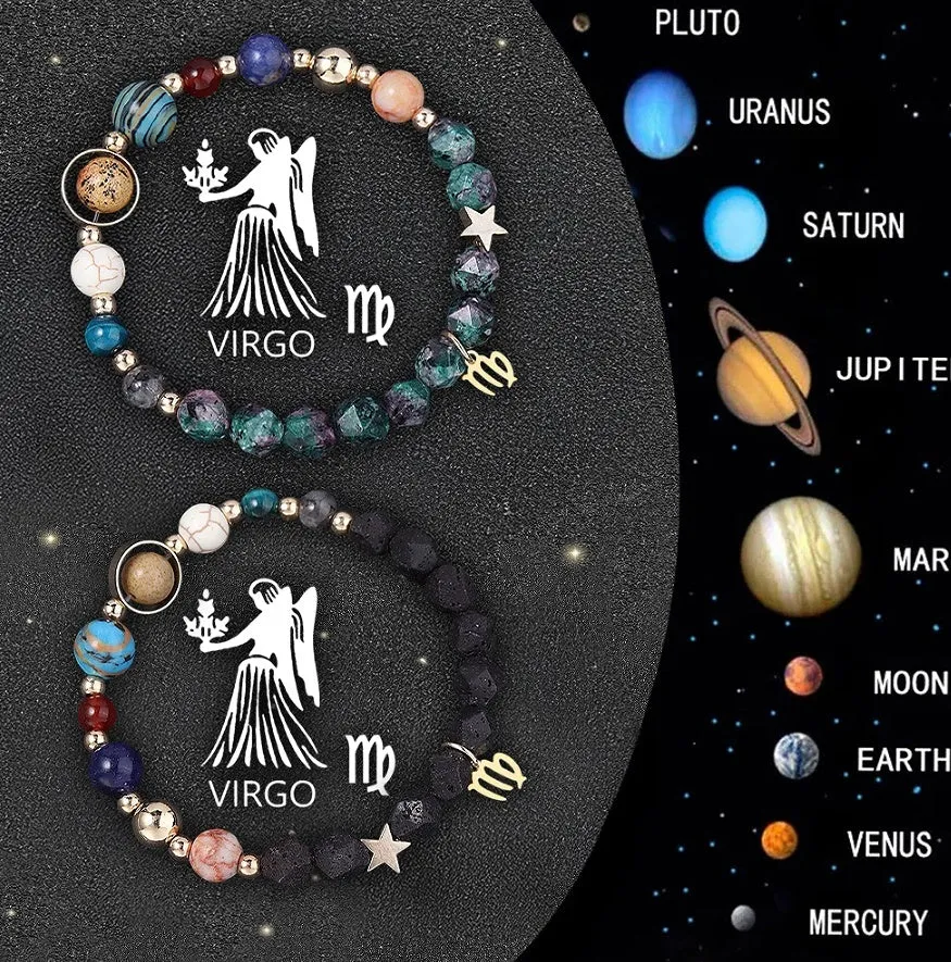 Two natural stone beaded bracelets with zodiac sign charms on a textured background.