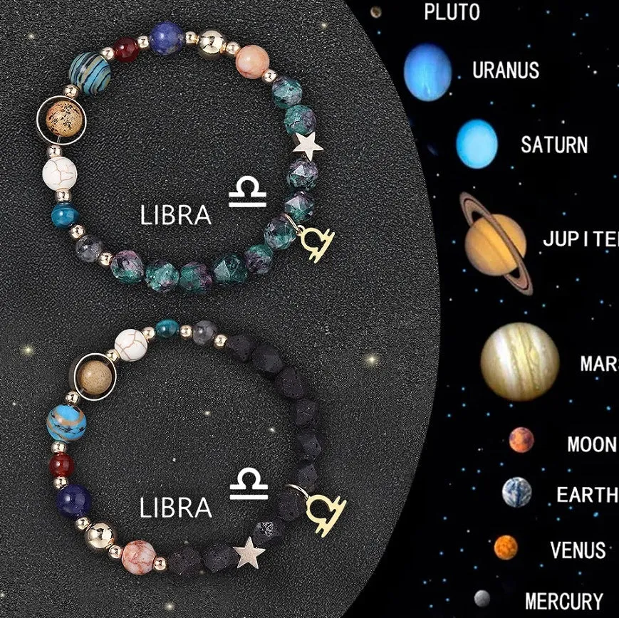 Two natural stone beaded bracelets with zodiac sign charms on a textured background.