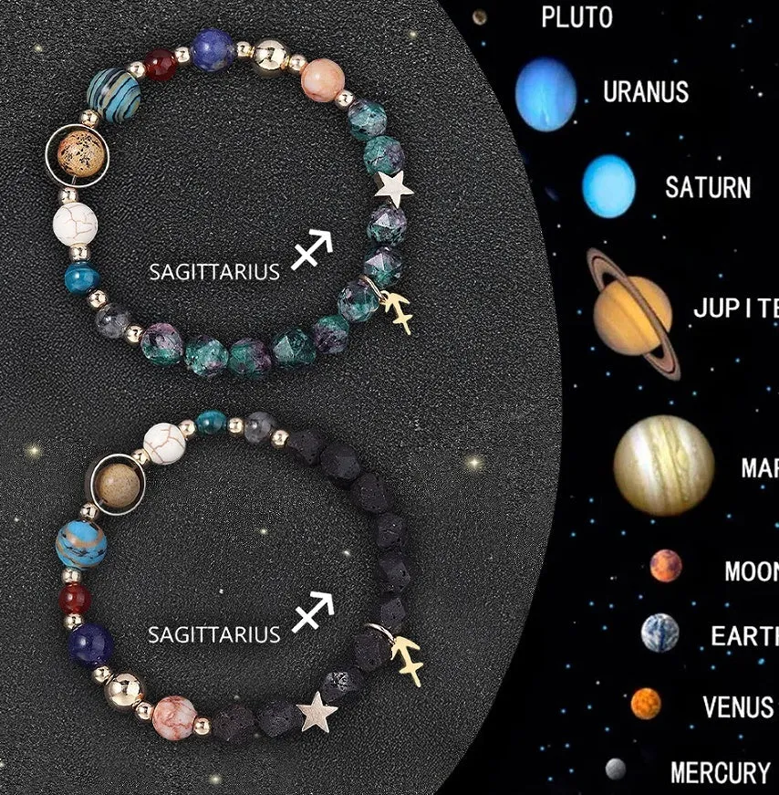 Two natural stone beaded bracelets with zodiac sign charms on a textured background.