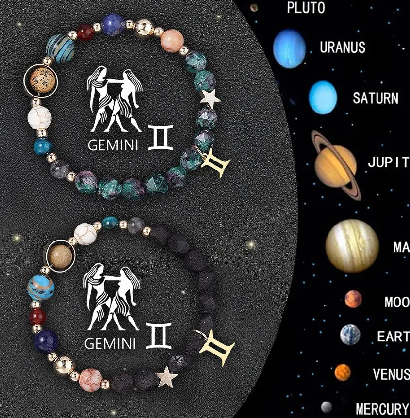 Two natural stone beaded bracelets with zodiac sign charms on a textured background.