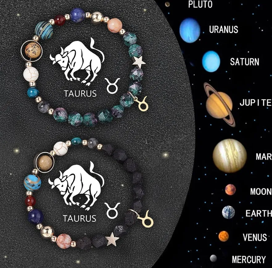 Two natural stone beaded bracelets with zodiac sign charms on a textured background.