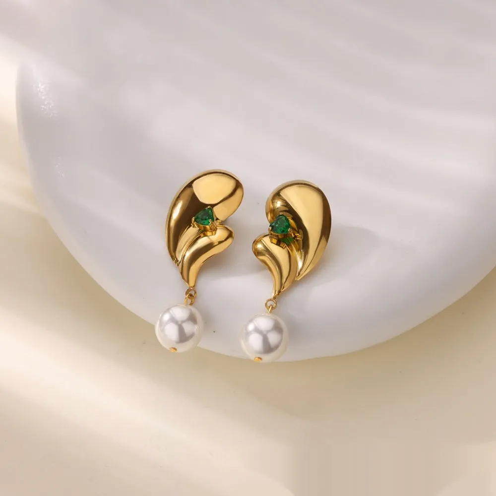Stainless steel green zircon and pearl drop earrings with electroplated finish, geometric shape, 2 cm drop