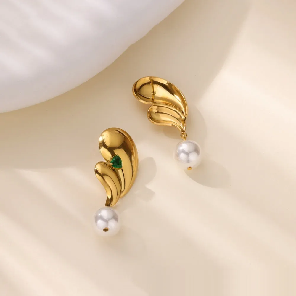 Stainless steel green zircon and pearl drop earrings with electroplated finish, geometric shape, 2 cm drop