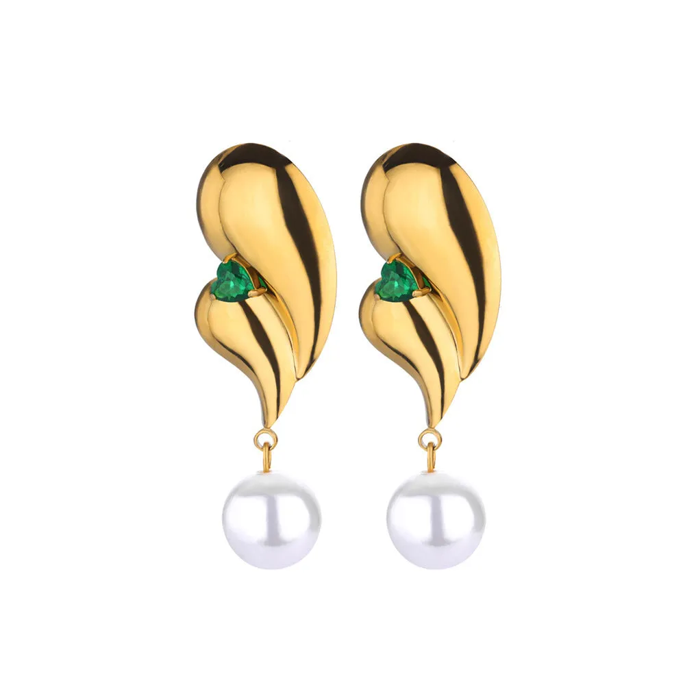 Stainless steel green zircon and pearl drop earrings with electroplated finish, geometric shape, 2 cm drop