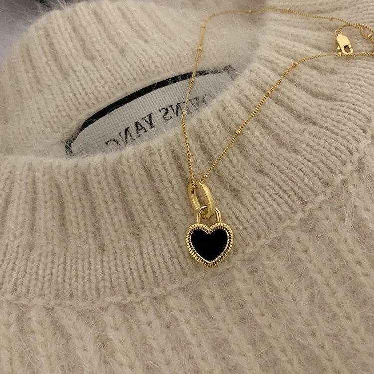 Double-sided shell love pendant necklace with mixed gem inlay on adjustable chain, available in gold-plated copper or titanium steel