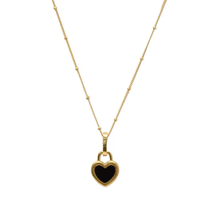 Double-sided shell love pendant necklace with mixed gem inlay on adjustable chain, available in gold-plated copper or titanium steel