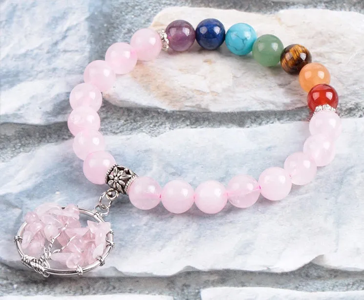 Natural powder crystal beaded bracelet with copper fittings, eight-millimetre beads, seven chakras colour, inner circumference 18.8 cm