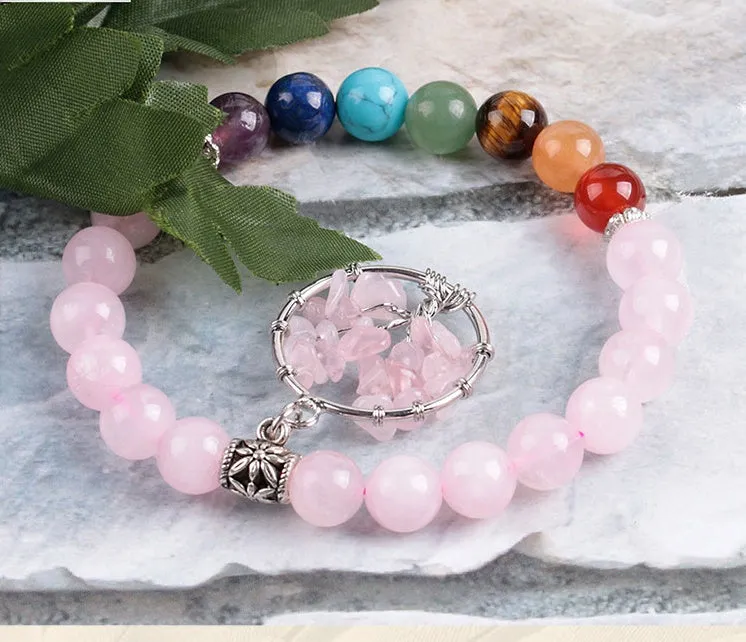 Natural powder crystal beaded bracelet with copper fittings, eight-millimetre beads, seven chakras colour, inner circumference 18.8 cm