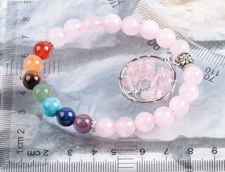 Natural powder crystal beaded bracelet with copper fittings, eight-millimetre beads, seven chakras colour, inner circumference 18.8 cm