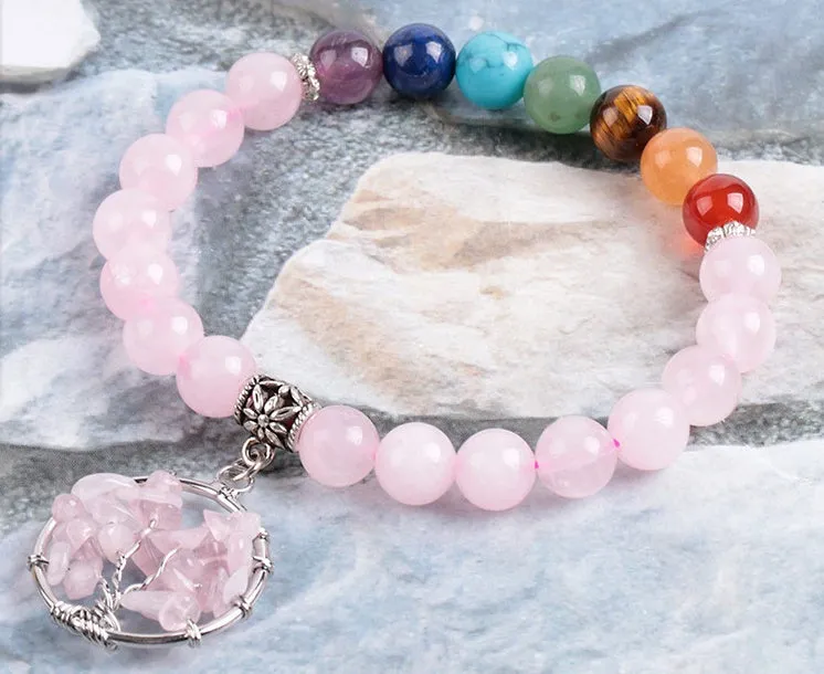 Natural powder crystal beaded bracelet with copper fittings, eight-millimetre beads, seven chakras colour, inner circumference 18.8 cm