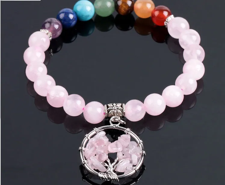 Natural powder crystal beaded bracelet with copper fittings, eight-millimetre beads, seven chakras colour, inner circumference 18.8 cm