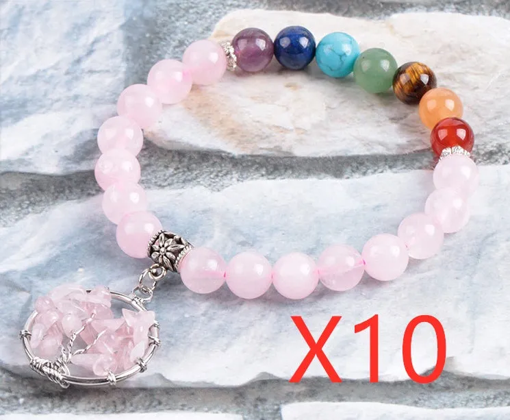 Natural powder crystal beaded bracelet with copper fittings, eight-millimetre beads, seven chakras colour, inner circumference 18.8 cm