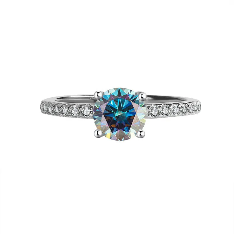 S925 silver ring with star-shaped moissanite stone in four-claw setting, available in multiple sizes and colours