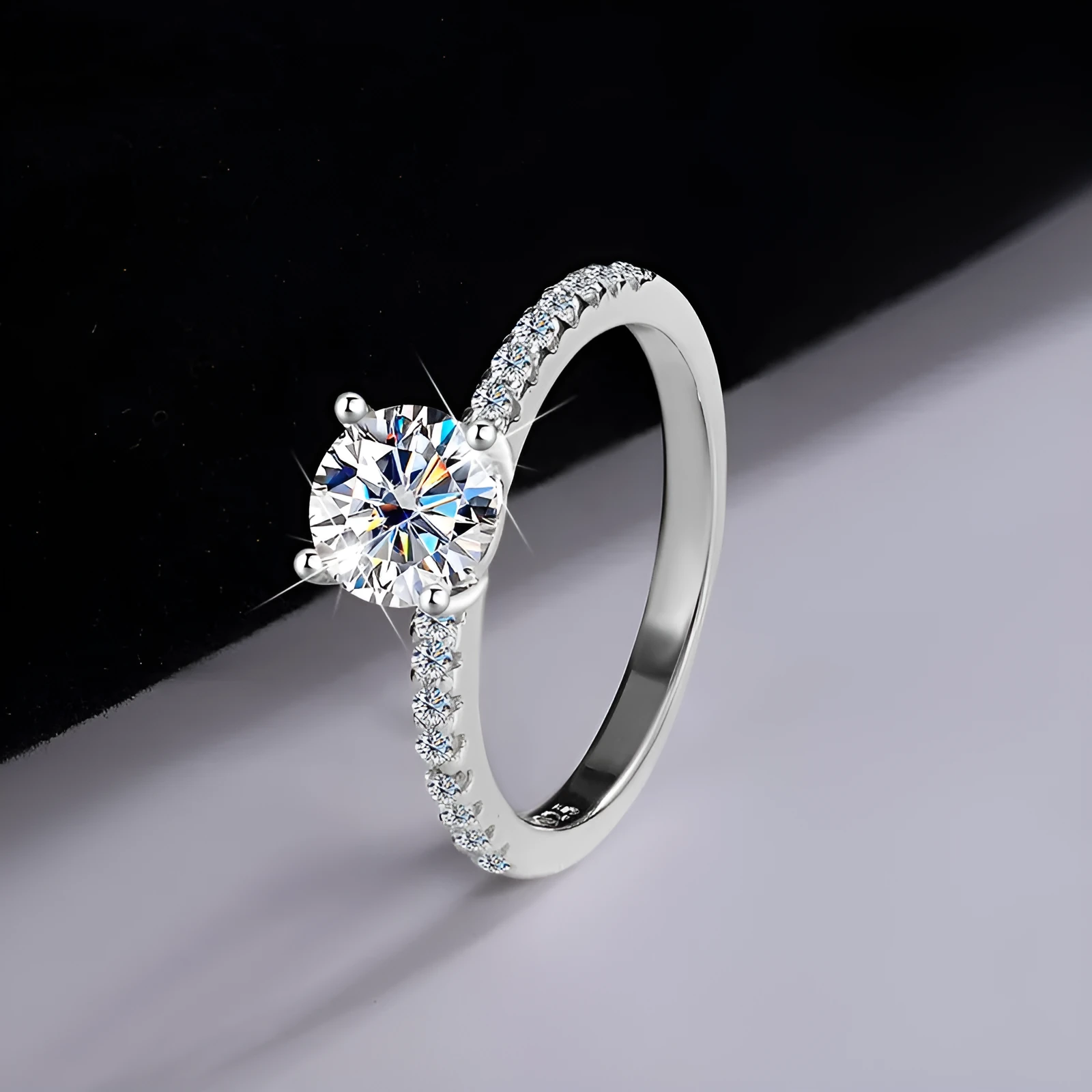 S925 silver ring with star-shaped moissanite stone in four-claw setting, available in multiple sizes and colours