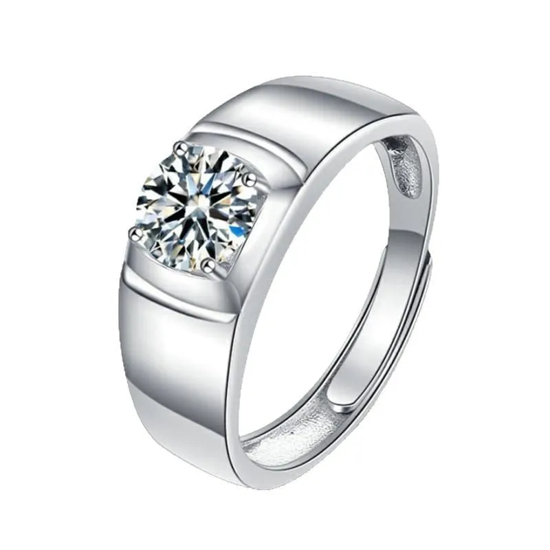 S925 sterling silver men's adjustable moissanite ring with four-claw setting and glossy finish.