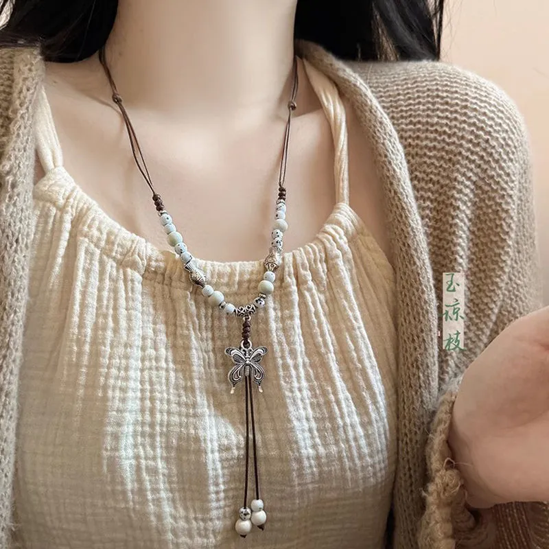 Ceramic butterfly pendant necklace on alloy chain, 31-40cm, sweet insect style, available in blue and white