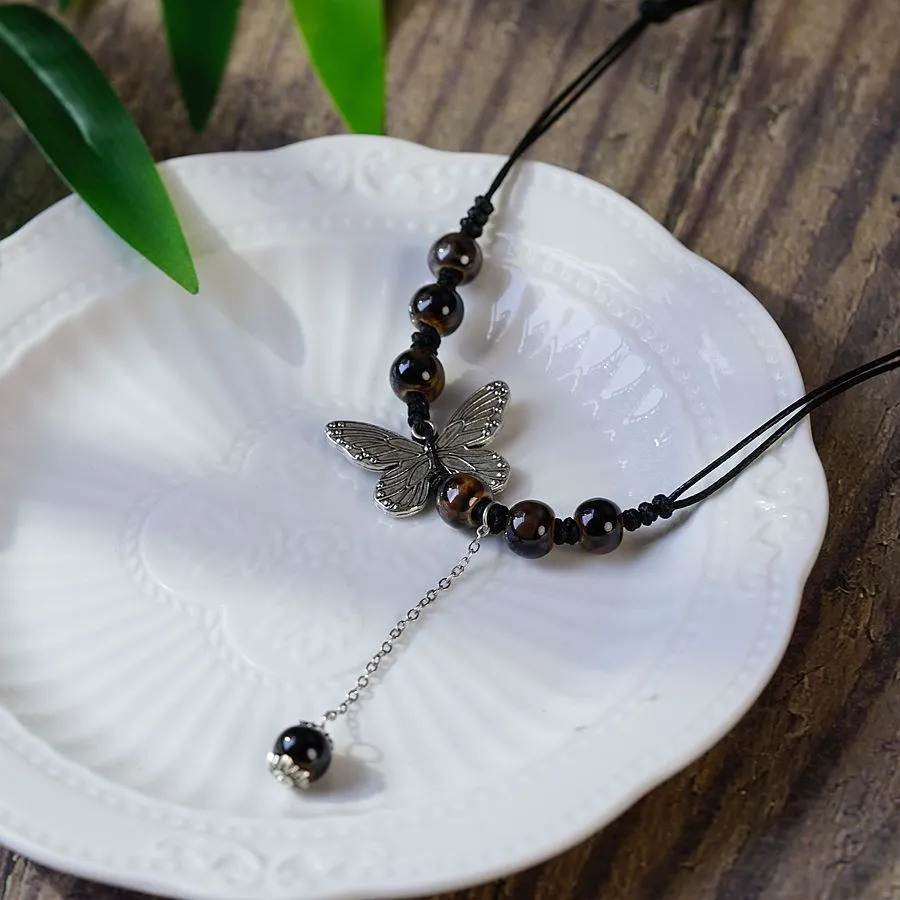 Ceramic butterfly pendant necklace on alloy chain, 31-40cm, sweet insect style, available in blue and white