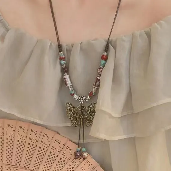 Ceramic butterfly pendant necklace on alloy chain, 31-40cm, sweet insect style, available in blue and white