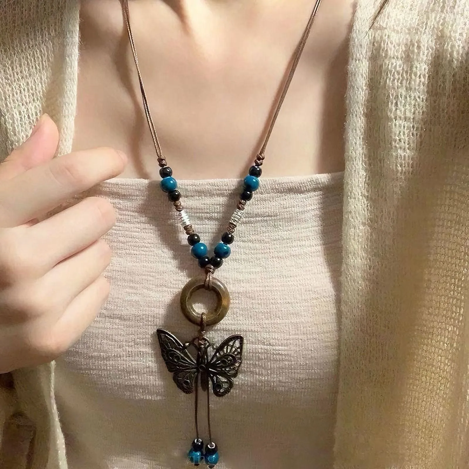 Ceramic butterfly pendant necklace on alloy chain, 31-40cm, sweet insect style, available in blue and white