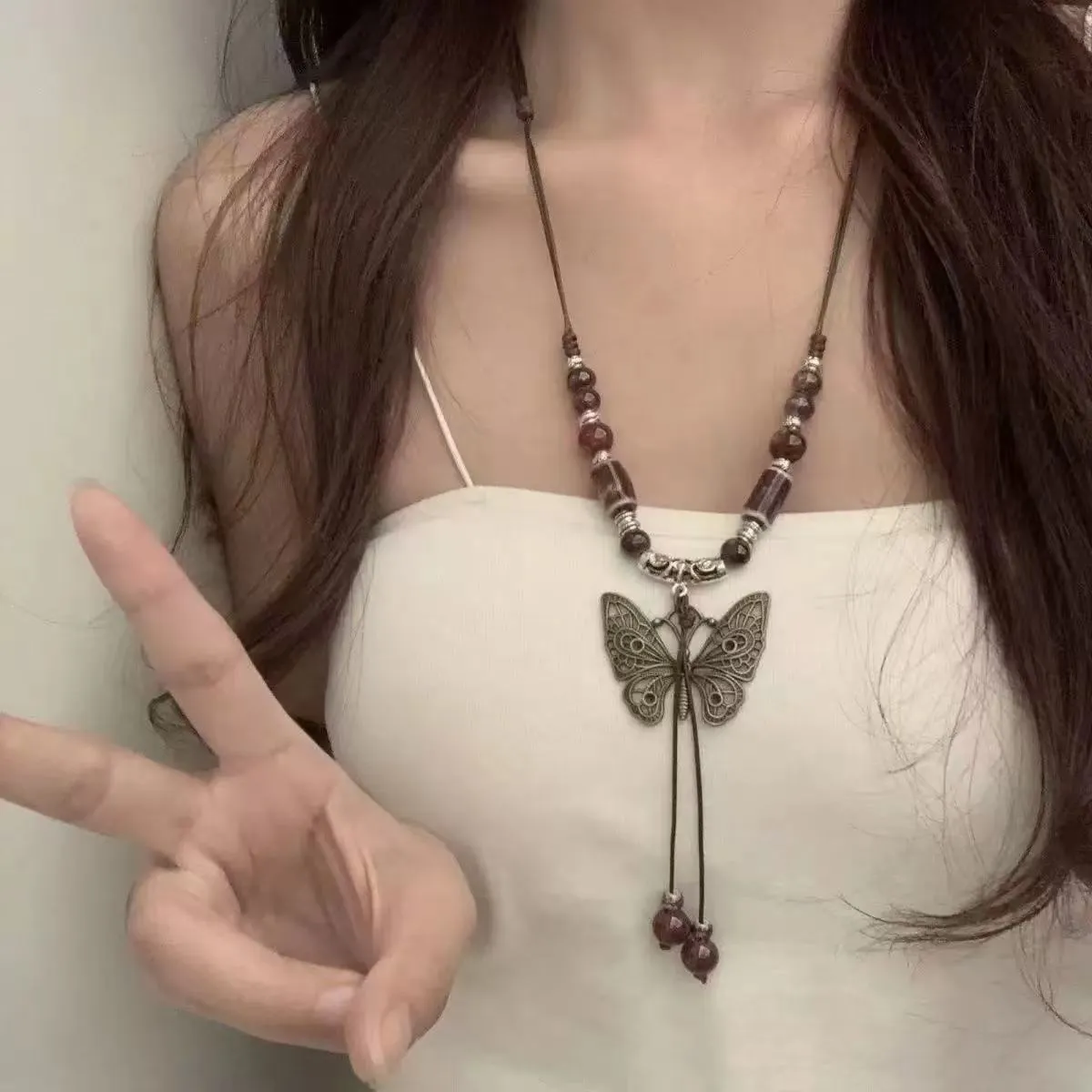 Ceramic butterfly pendant necklace on alloy chain, 31-40cm, sweet insect style, available in blue and white