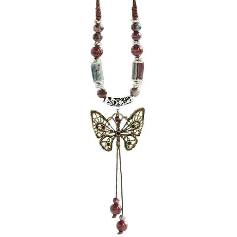 Ceramic butterfly pendant necklace on alloy chain, 31-40cm, sweet insect style, available in blue and white