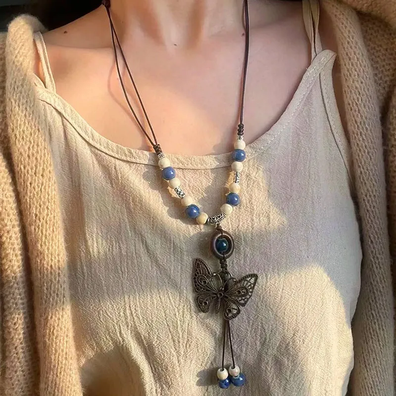 Ceramic butterfly pendant necklace on alloy chain, 31-40cm, sweet insect style, available in blue and white